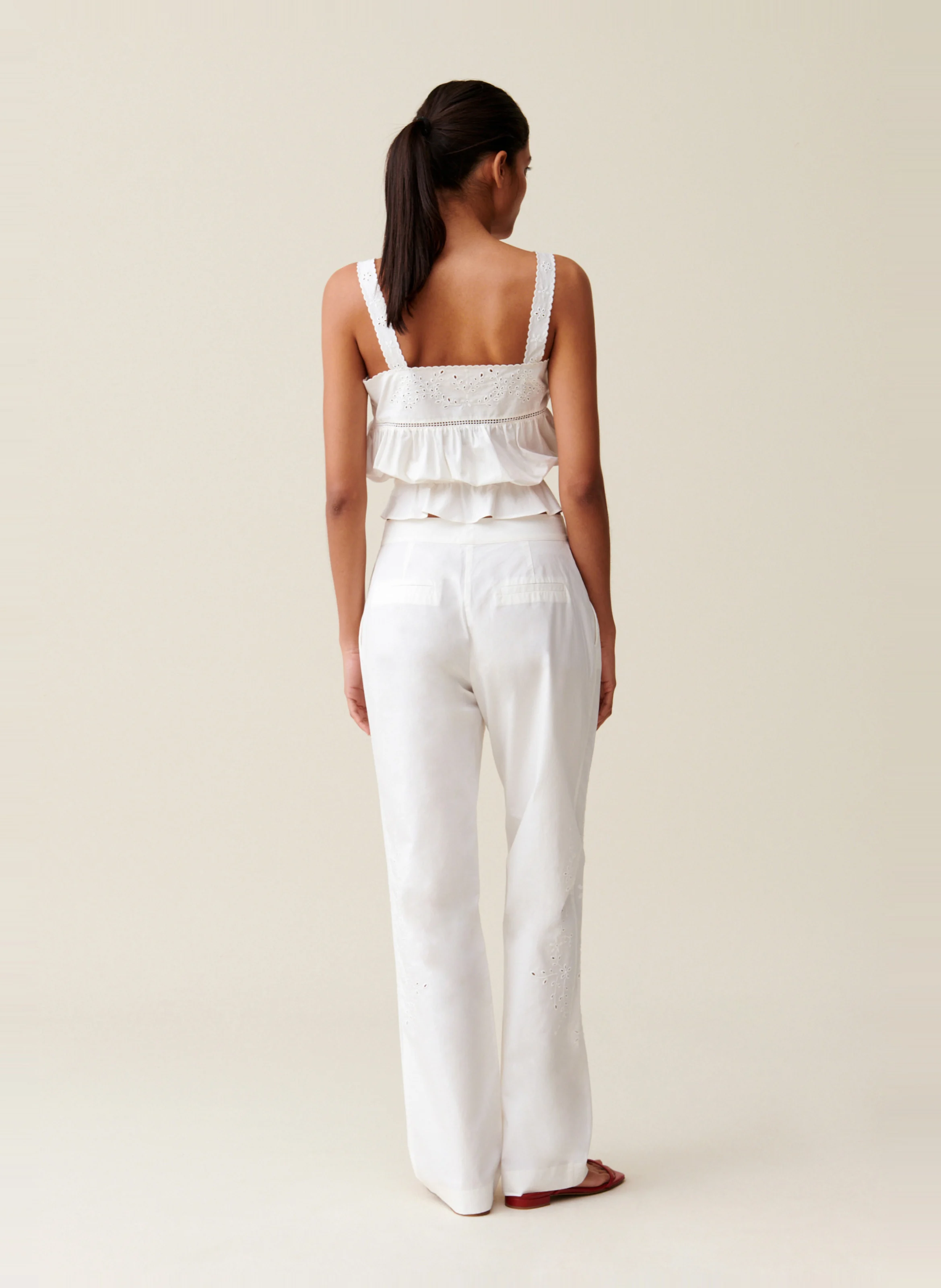Pantalon droit brodé en coton | Blanc