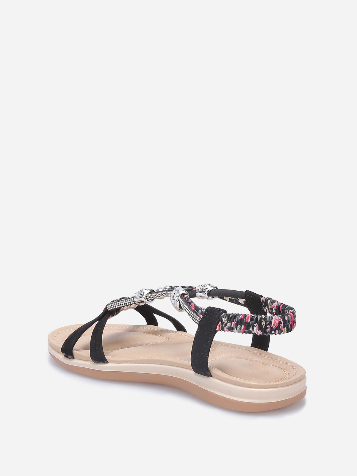 Nu-pieds à brides fleuries en strass et perles- Noir