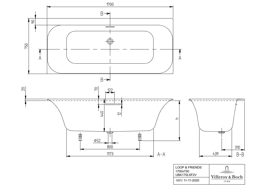 Villeroy & Boch Loop & Friends inbouw ligbad 170x75cm wit rechthoekig
