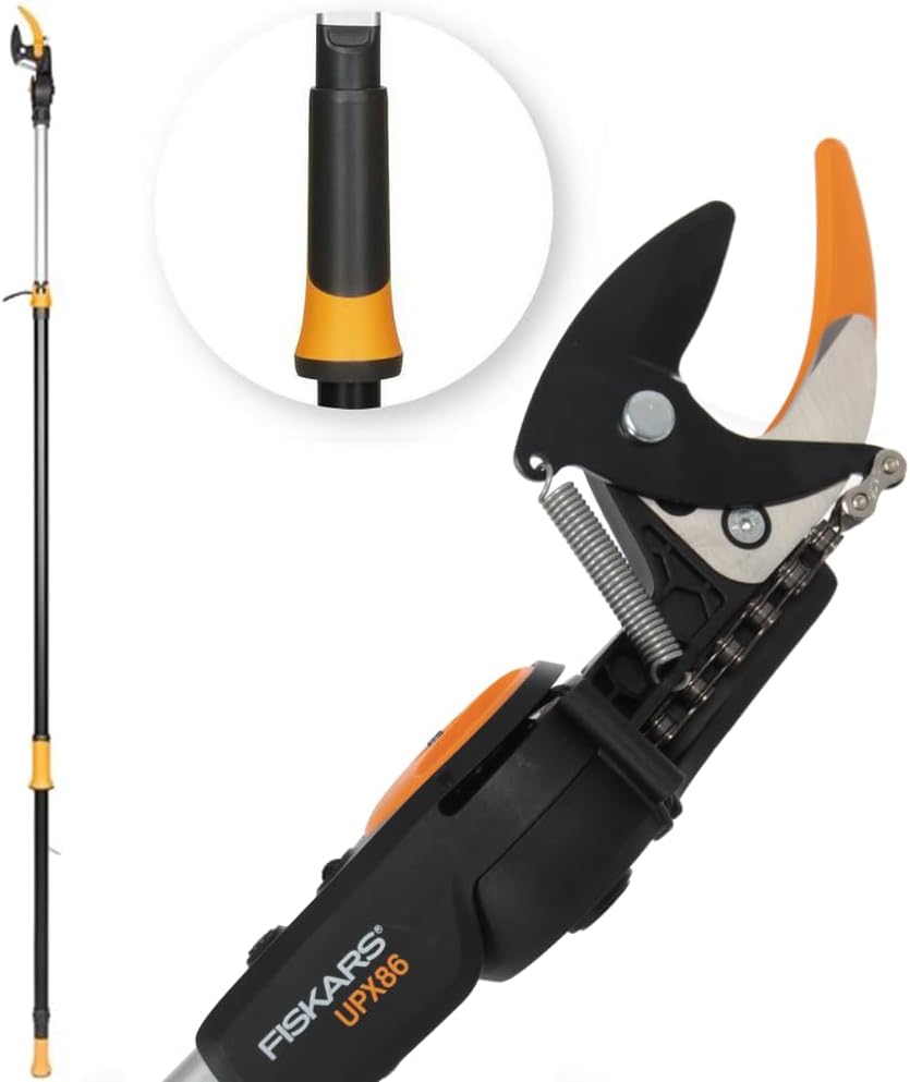 Fiskars Bypass Teleskop-Schneidgiraffe für frische Äste und Zweige, Antihaftbeschichtet, Stahlklinge/Aluminiumstiel, Länge 2,4 – 4 m, Schwarz/Orange, UPX86, 1023624