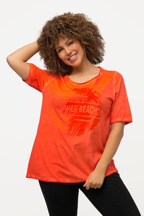 T-Shirt, Palmen-Flockdruck, Rundhals, Halbarm