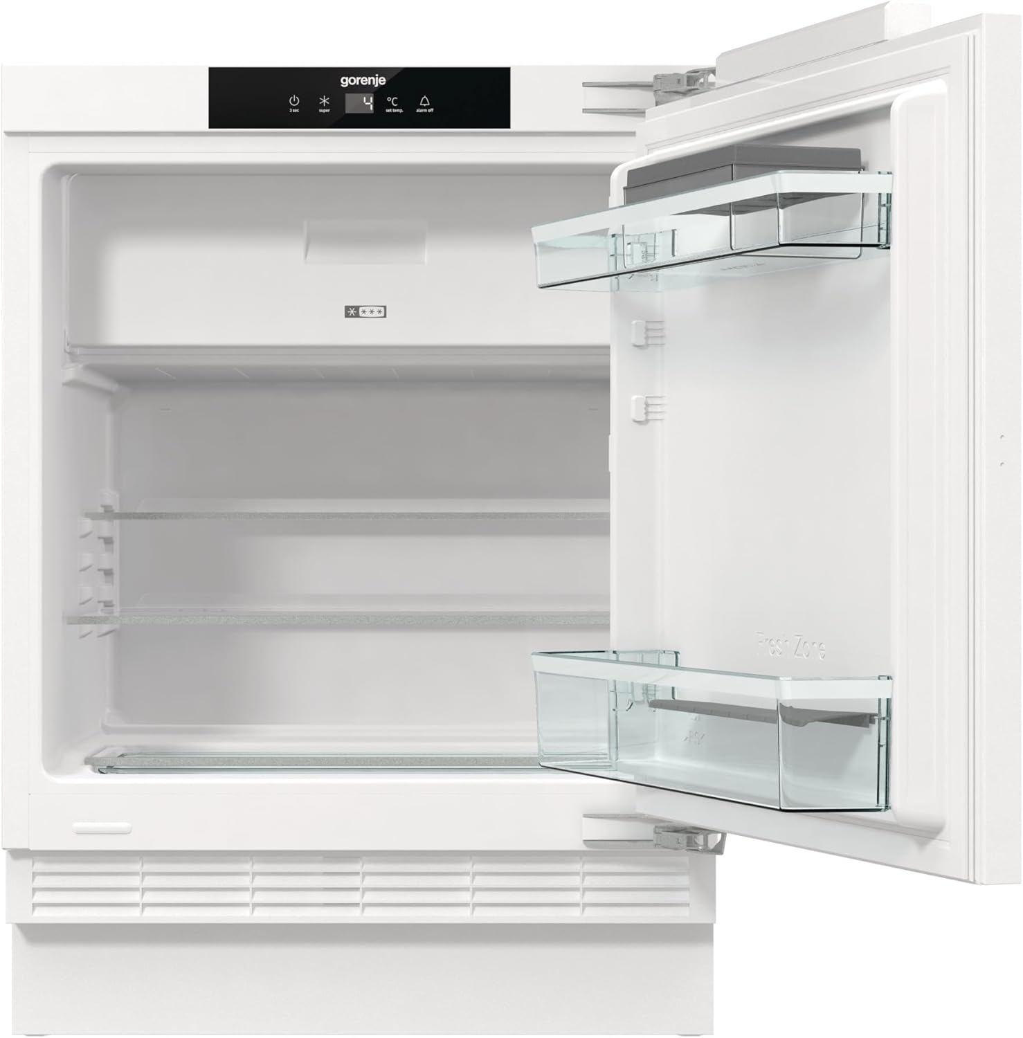 Gorenje RBIU609EA1 Einbau-Tischkühlschrank m. Gefrierfach/88er Nische/Festtürscharnier/EEK: E/121 Liter/Festtürtechnik/SuperCool/Temperaturanzeige/Türanschlag wechselbar/HxBxT:81,8x59,5x54,5cm/Weiß
