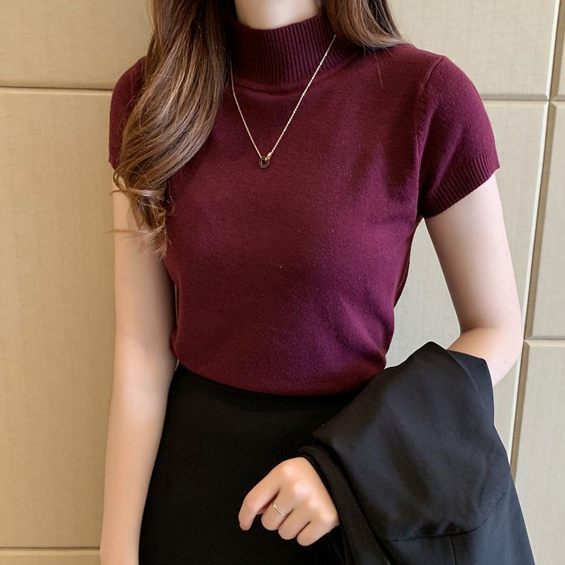 Sancus - Gebreide top met korte mouwen en mock-neck