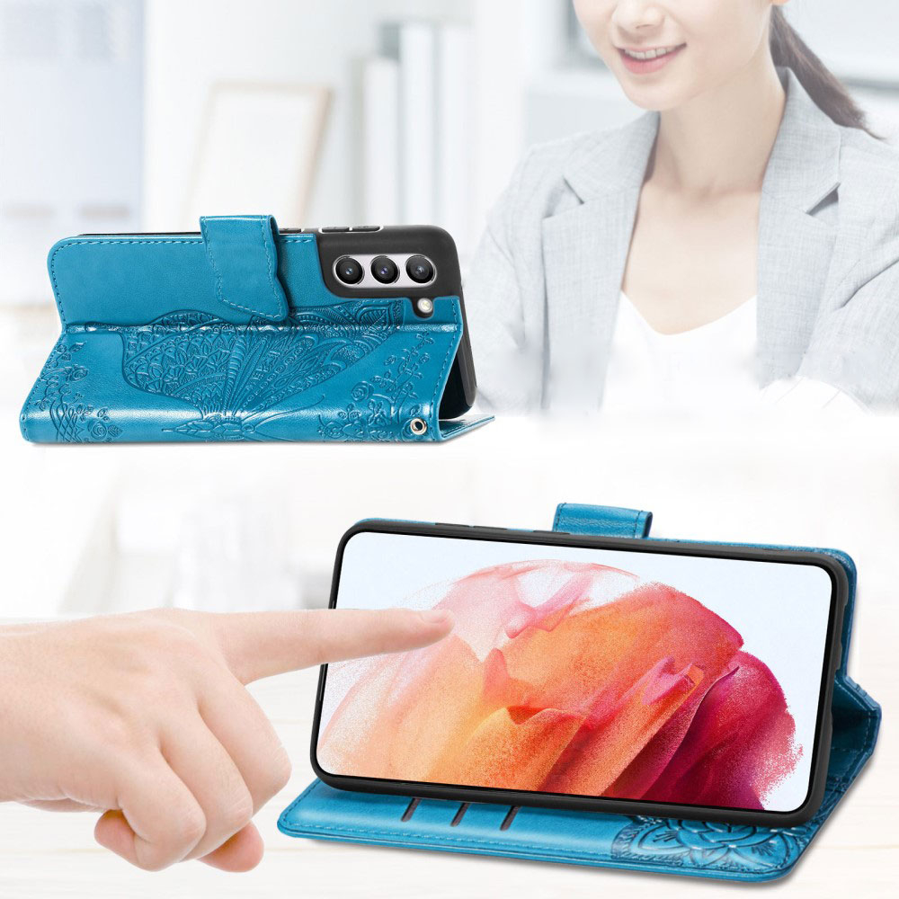 Samsung Galaxy S21 FE 5G Leder Tasche mit Kartenfach   Handschlaufe Schmetterling - Blau