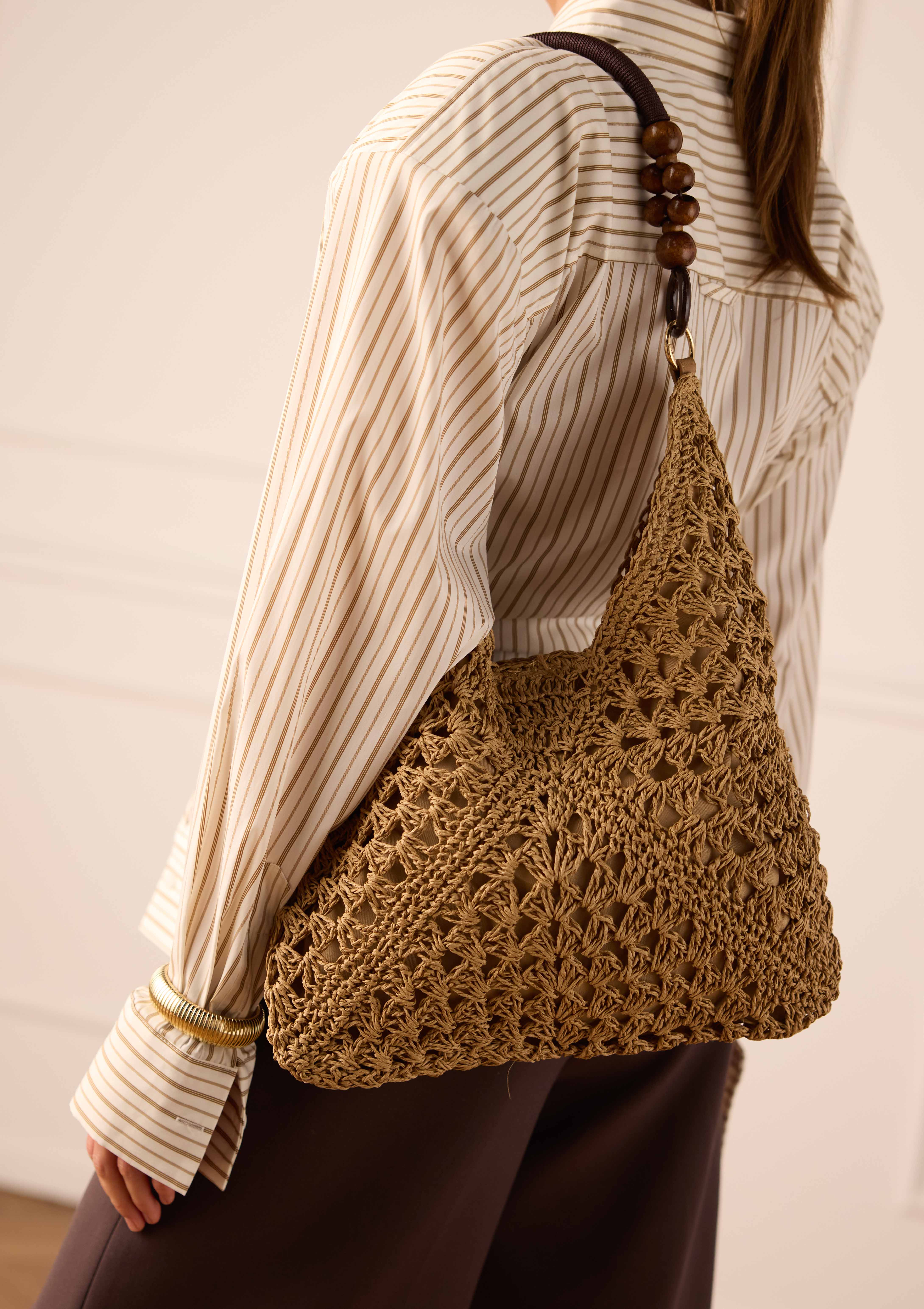 Beige raffia schoudertas
