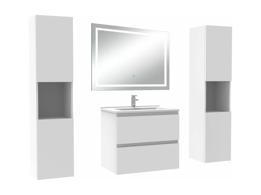 Ensemble meubles Salle de Bain 60cm avec colonne et miroir lumineux 3 couleurs et dimmable blanc