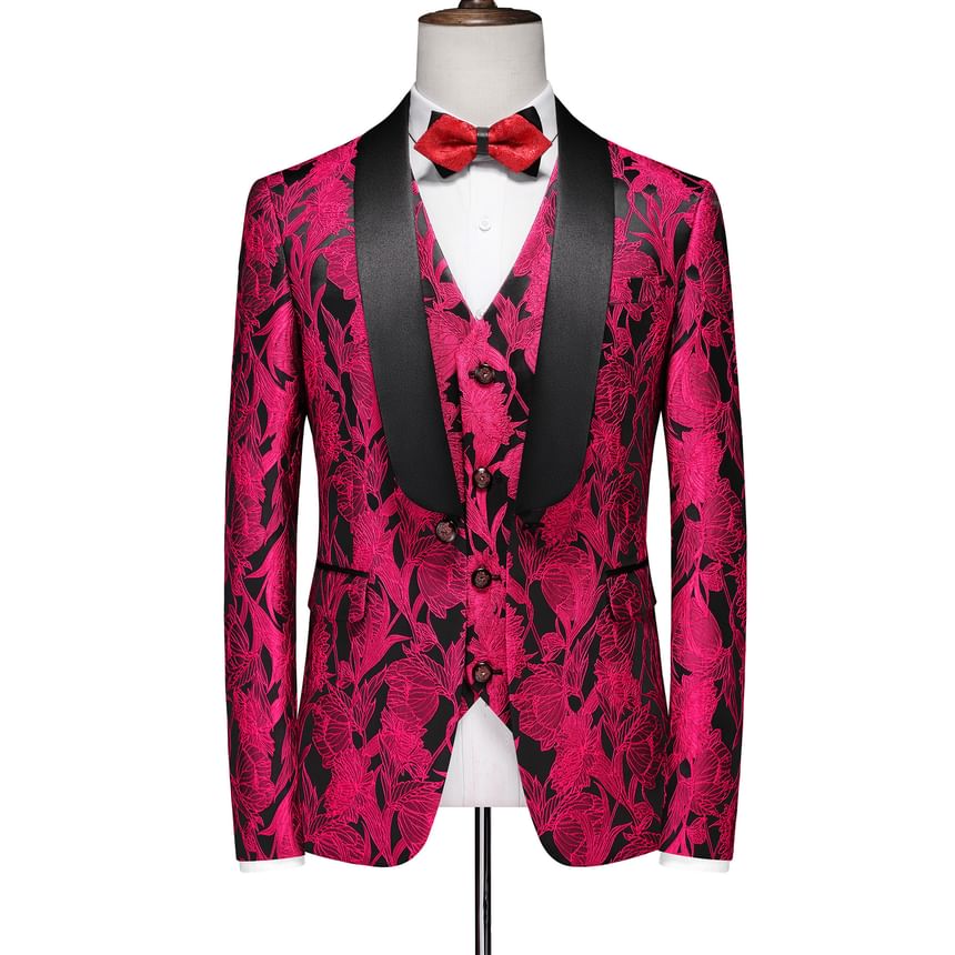 Aozora - Blazer met reverskraag en bloemenprint, enkelrijs / V-hals vest / Middelhoge effen wijde broek / Set