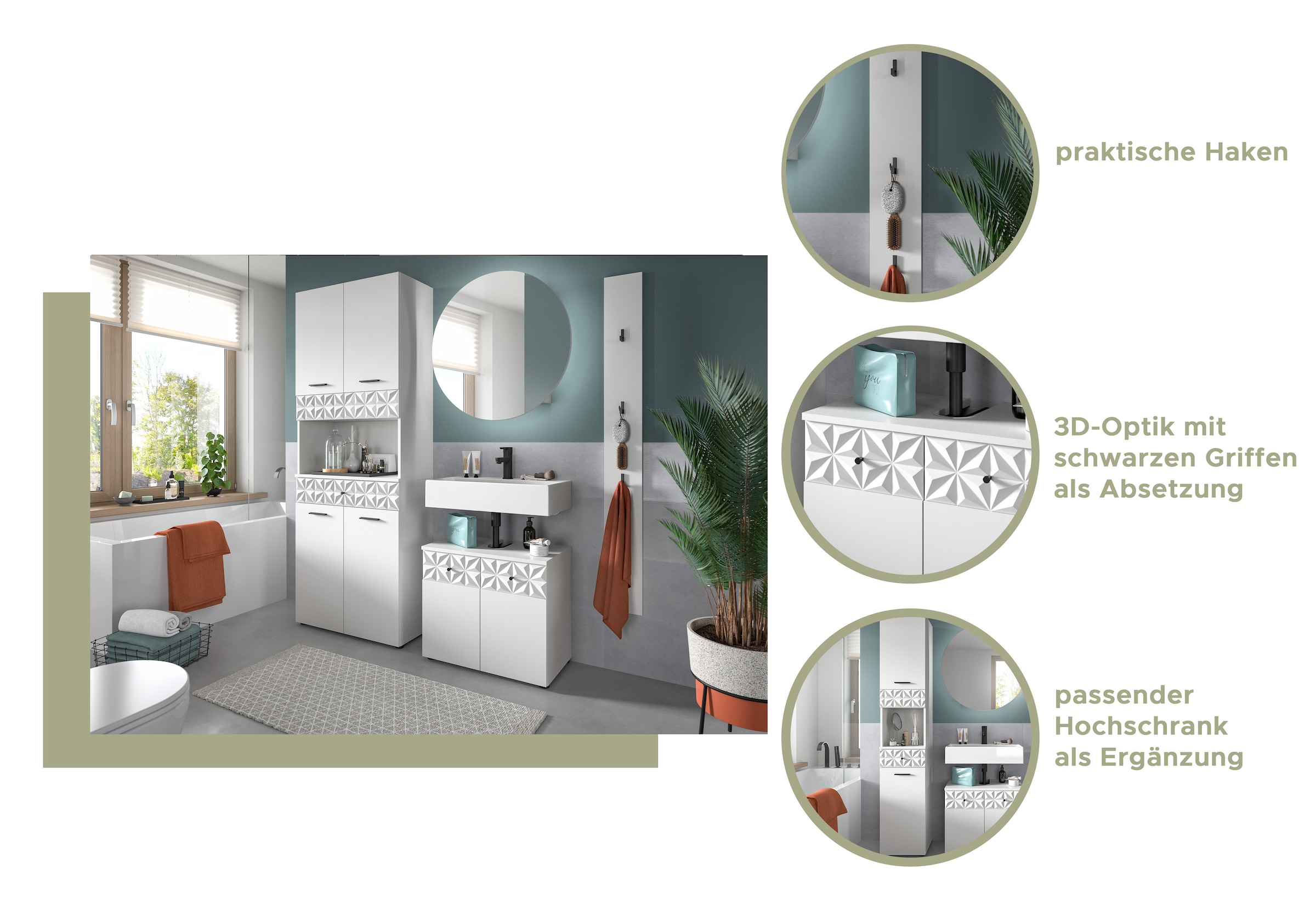 INOSIGN Badezimmer-Set »VICENZA, TOPSELLER!, Breite 145cm, 3-teilig, mit Ornamentabsetzung« best. aus: Waschbeckenunterschrank, Spiegelschrank und Unterschrank,