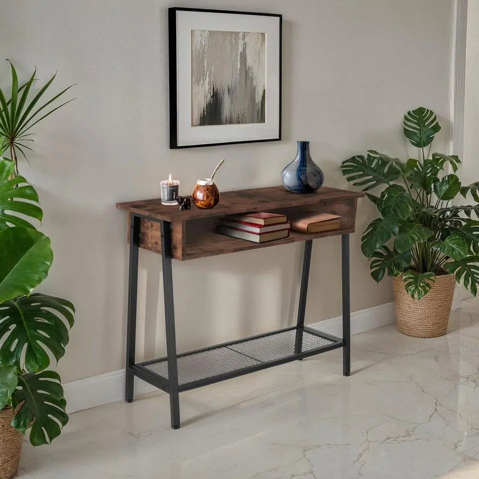 tectake Consoletafel Tralee 100x35x80,5cm, Industrieel Hout Donker, Rustiek