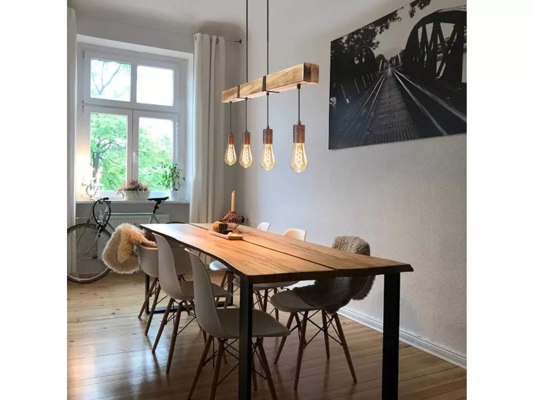 NETTLIFE Suspension 4 ampoules E27 Diam.80cm rétro avec poutre en bois Vintage pour salle à manger cuisine max.25W