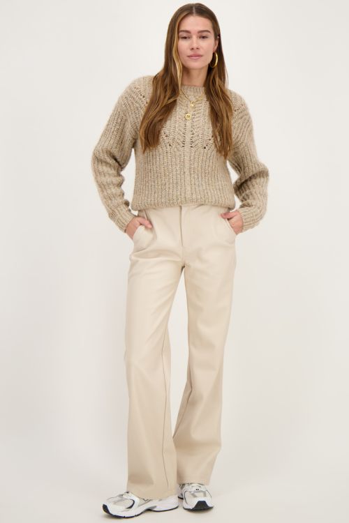 Beige leatherlook wide leg broek