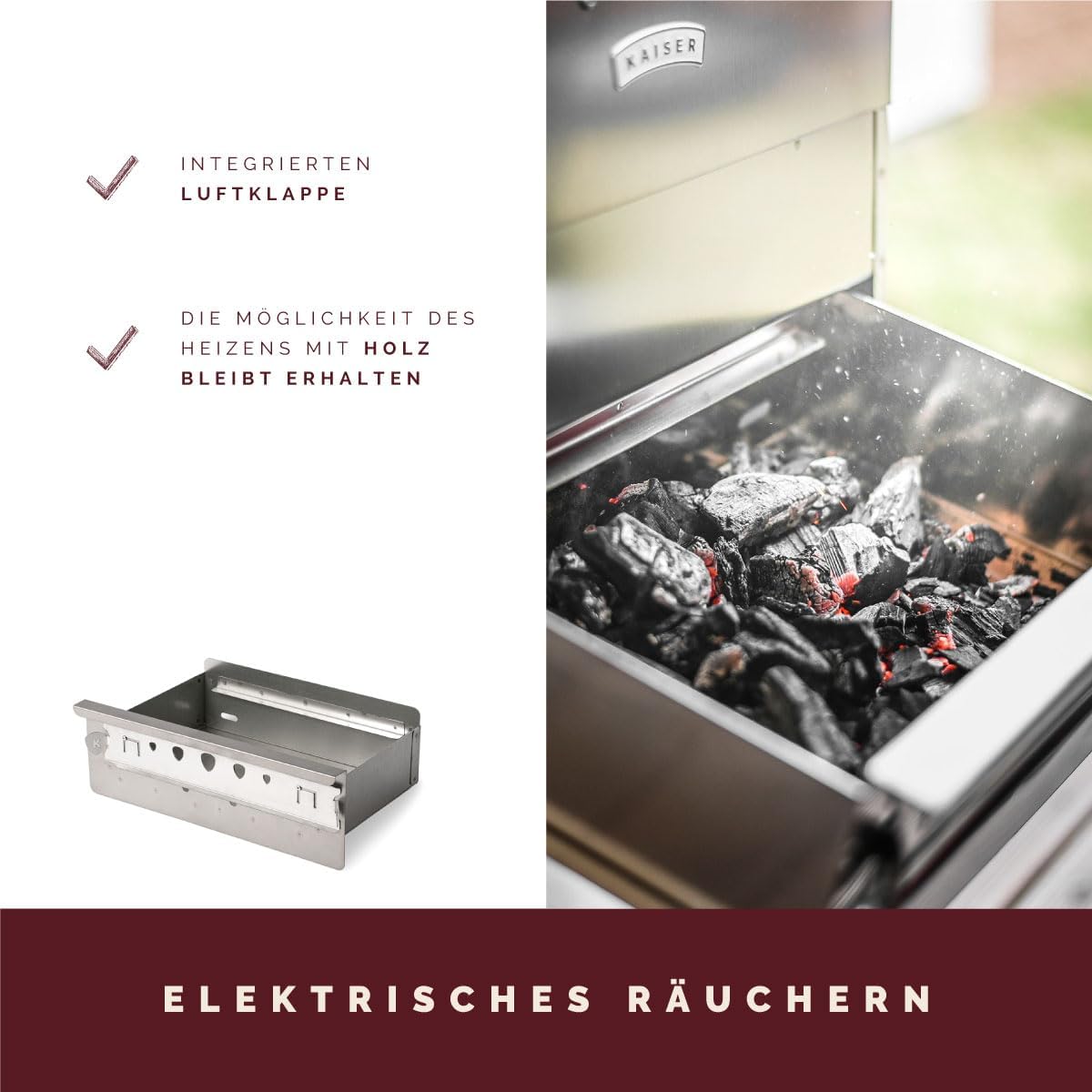 KAISER COMPANY '100' Hochwertiger Räucherofen/Räucherschrank aus Edelstahl - Holzbefeuerung I Tragbarer Smoker 110 cm I Perfekt zum Räuchern I Passen bis zu 15kg Fleisch I mit Zubehör I NICHTROSTEND