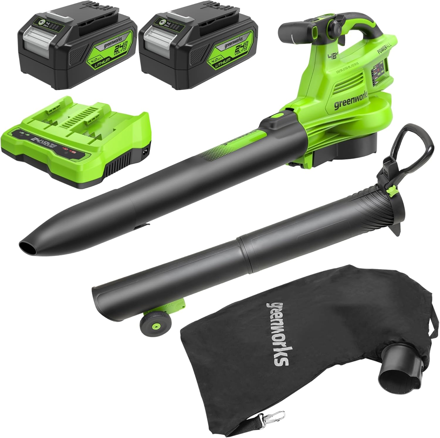 Greenworks 48V(24V x 2) Akku Laubsauger - Laubbläser mit Schultergurt, bürstenloser Motor, 386 km/h, 14.73 m³/min, 45L Fangsack, Zwei 4Ah Batterien und Ladegerät, 3 Jahre Optimal BL48L421-01