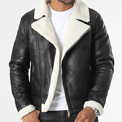 Veste Biker Col Mouton Noir