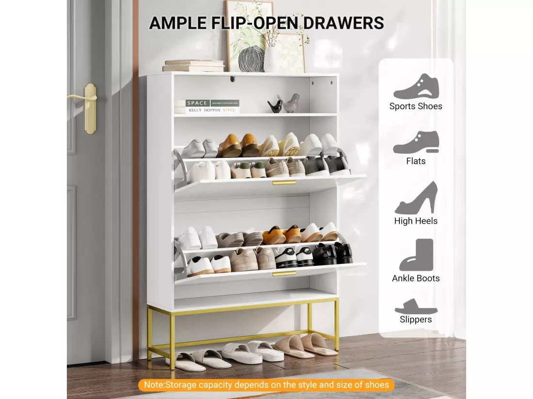 Meuble à chaussures, avec 2 portes abattants et 1 étagère ouverte, conception anti-inclinaison, Blanc, 80x24x117CM