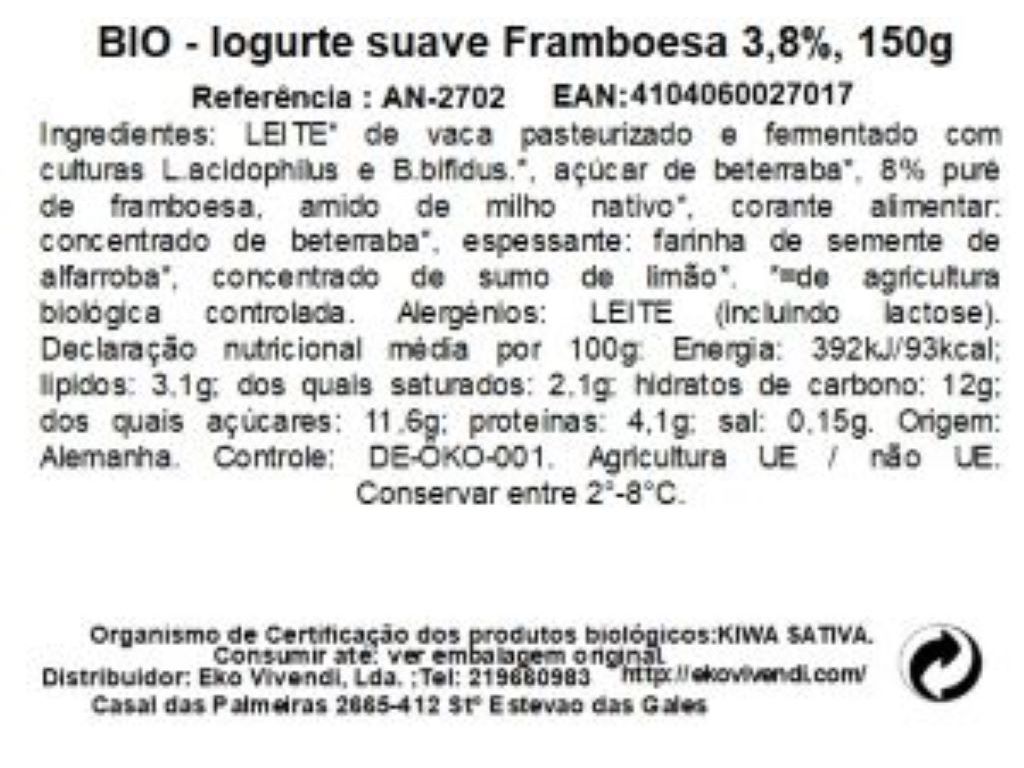 IOGURTE AROMA BIO ANDECHSER FRAMBOESA 150G