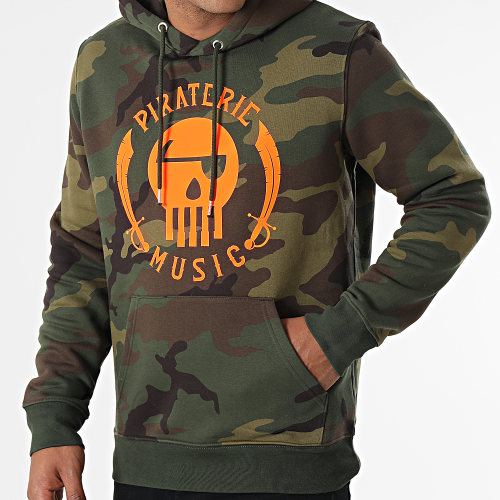 Sweat Capuche Camouflage Logo Vert Kaki Orange Fluo