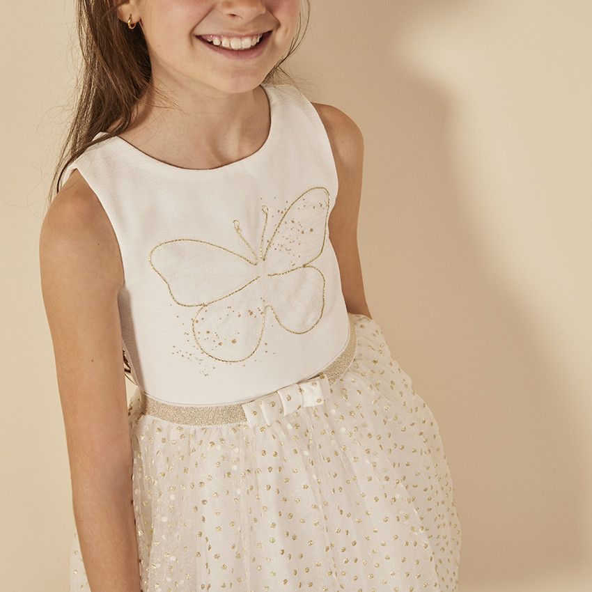 Robe de cérémonie en crêpe et tulle pour fille - Ecru