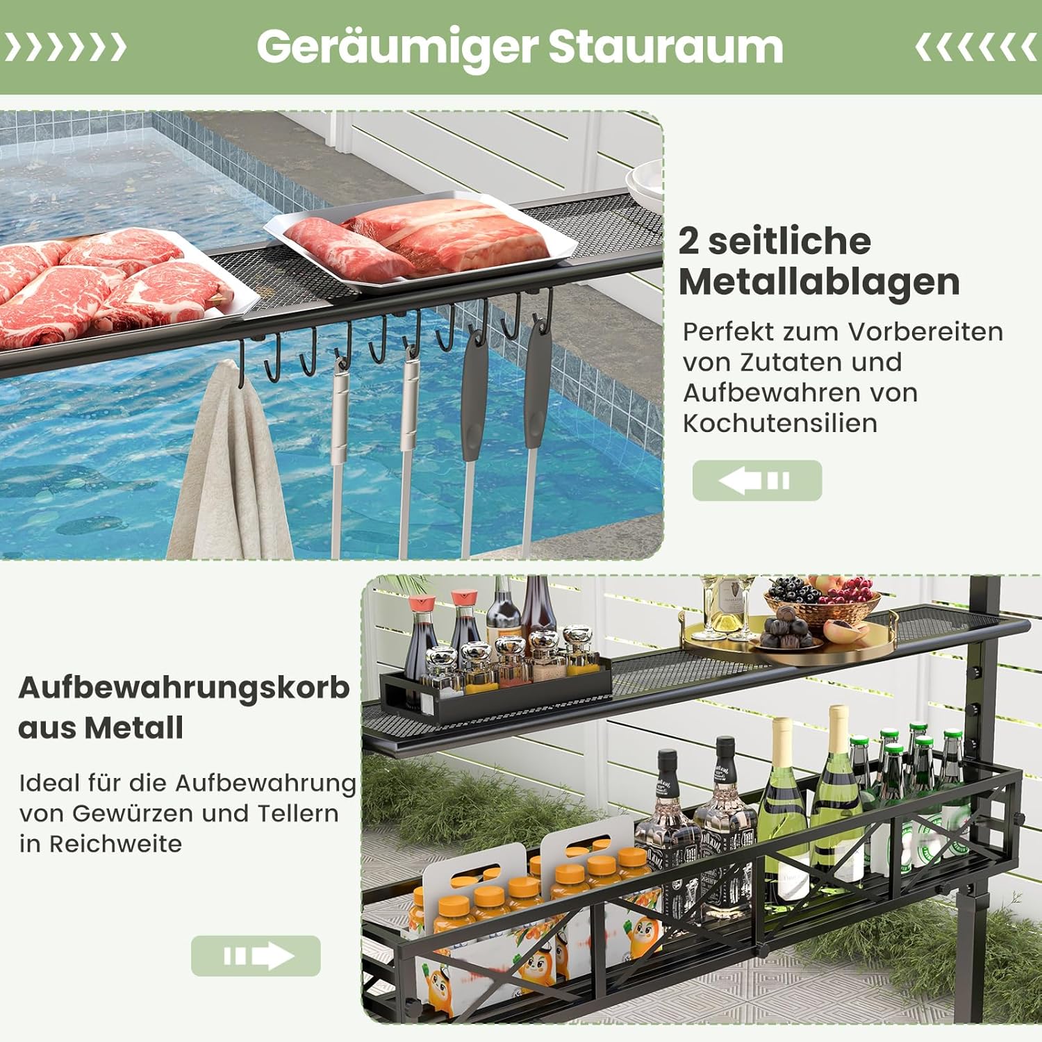 COSTWAY Grillpavillon mit Doppeldach, Seitenregalen, Metallkorb, Haken und Flaschenöffner, Grillüberdachungen wetterfest, Grillunterstand für Garten, Außenbereich, 242 x 153 x 250 cm (Grau)