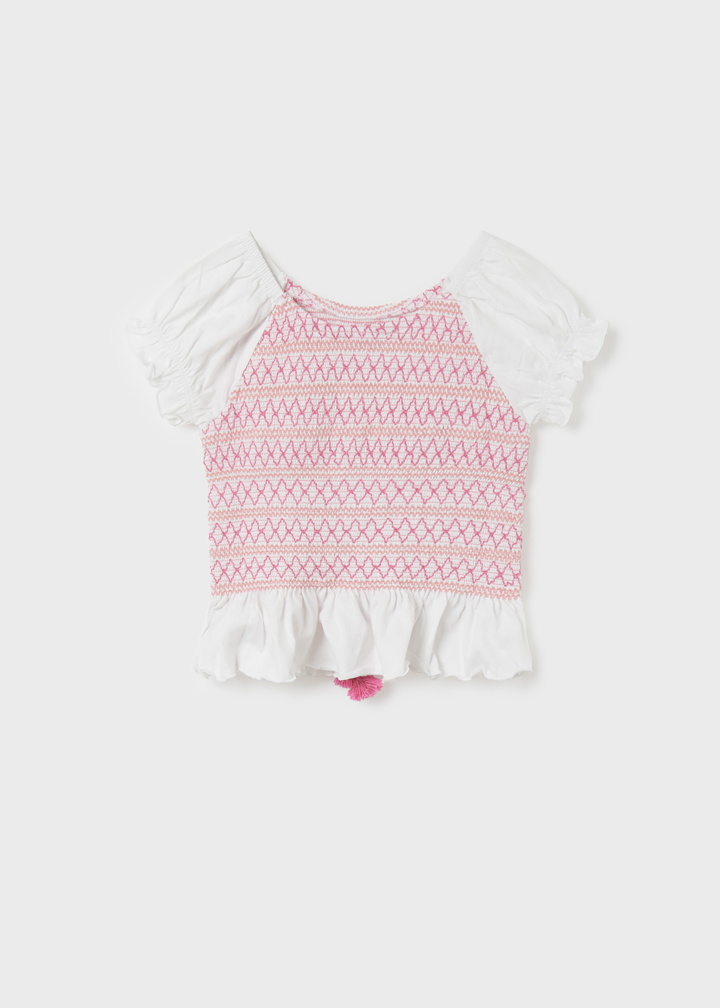 Camiseta infantil de algodão com mangas curtas e detalhes franzidos