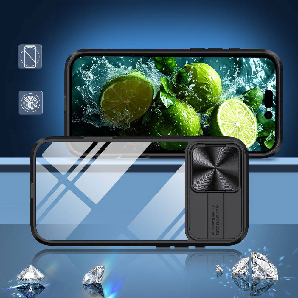 iPhone 16 Hybrid Hülle mit Acryl Rückseite   TPU Bumper   Cam-Slider - Schwarz / Transparent