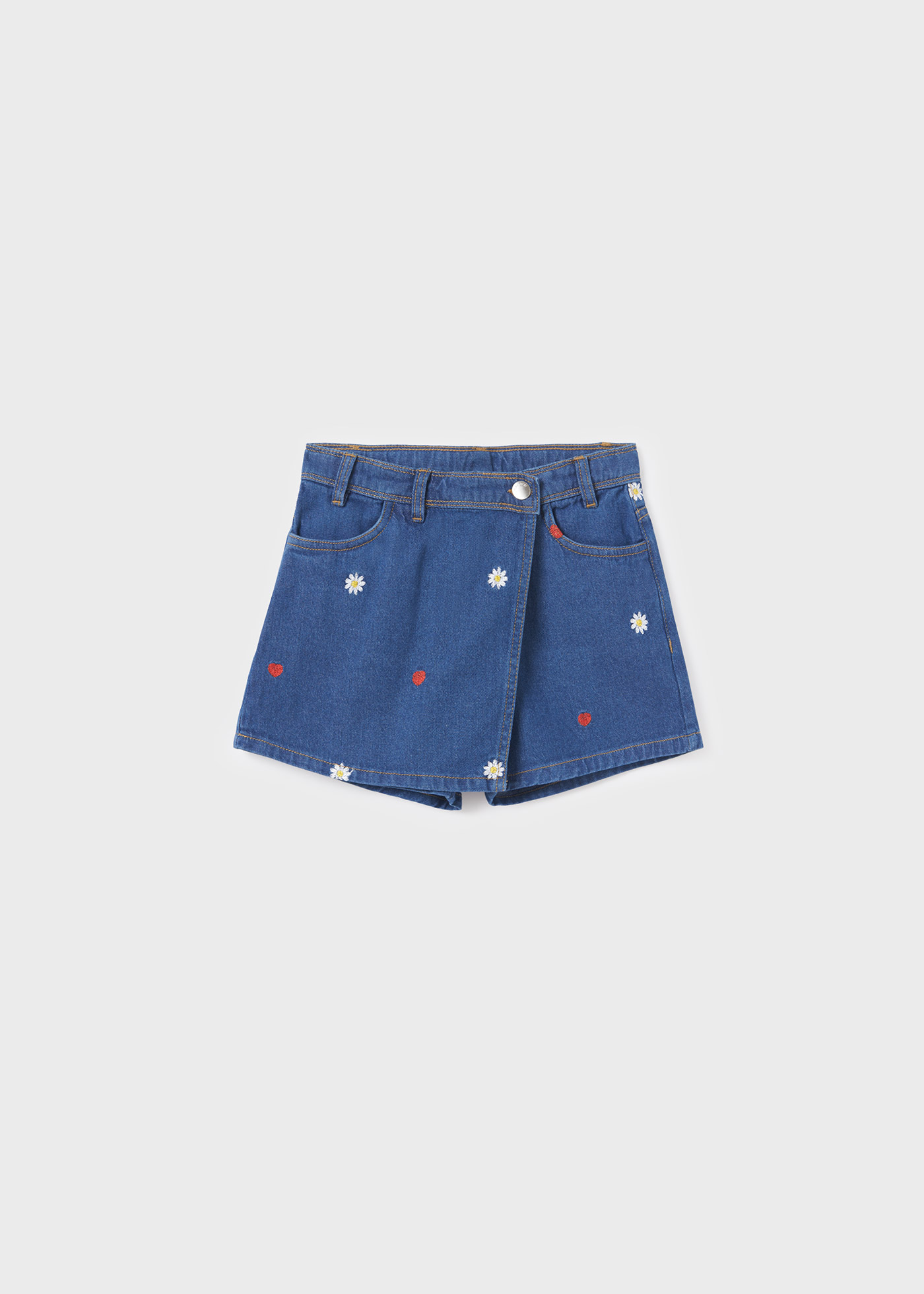 Calças culote de algodão sustentável com bordados em denim para meninas