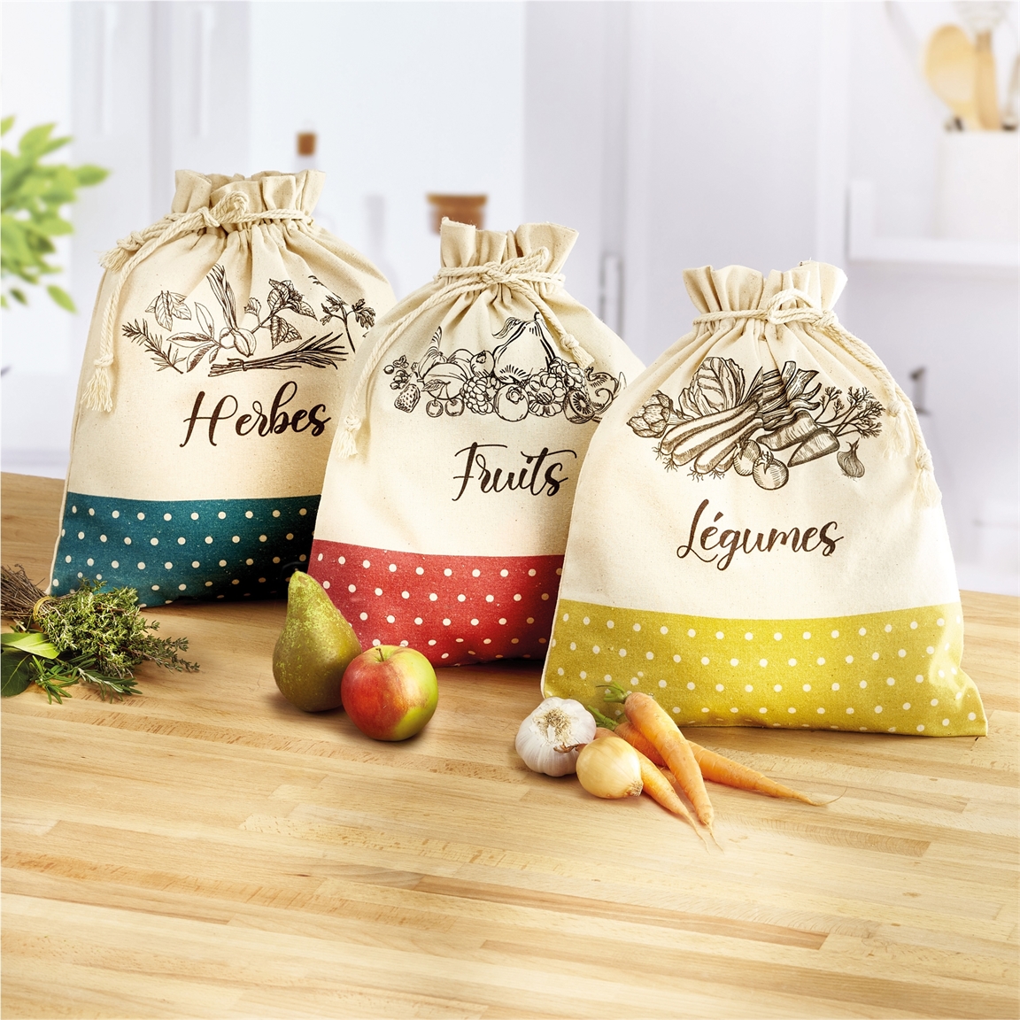 3 sacs aromates/fruits/légumes