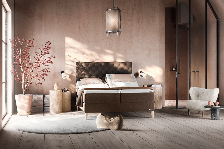 Zilva Regulerbar seng 90x200 cm. Tekstil Moment Mocca med 19 cm Cone Leg i eik og Embrace LatexGel overmadrass. Hodegavl selges separat.