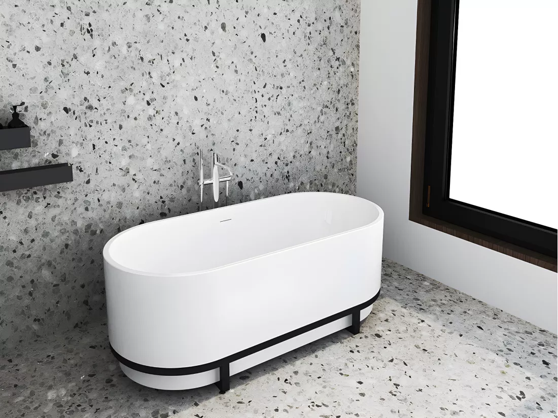 Baignoire îlot ovale avec décor métal - 230 L - 160 x 74 x 60 cm - Blanche - Acrylique - PLECO