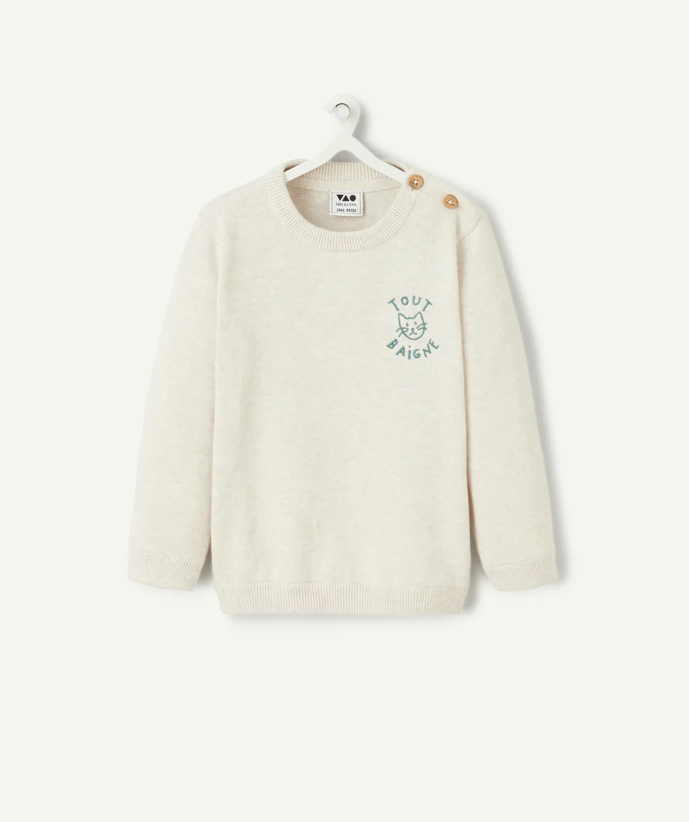 PULL TRICOT BÉBÉ GARÇON EN COTON BIO ÉCRU CHINÉ AVEC BRODERIES