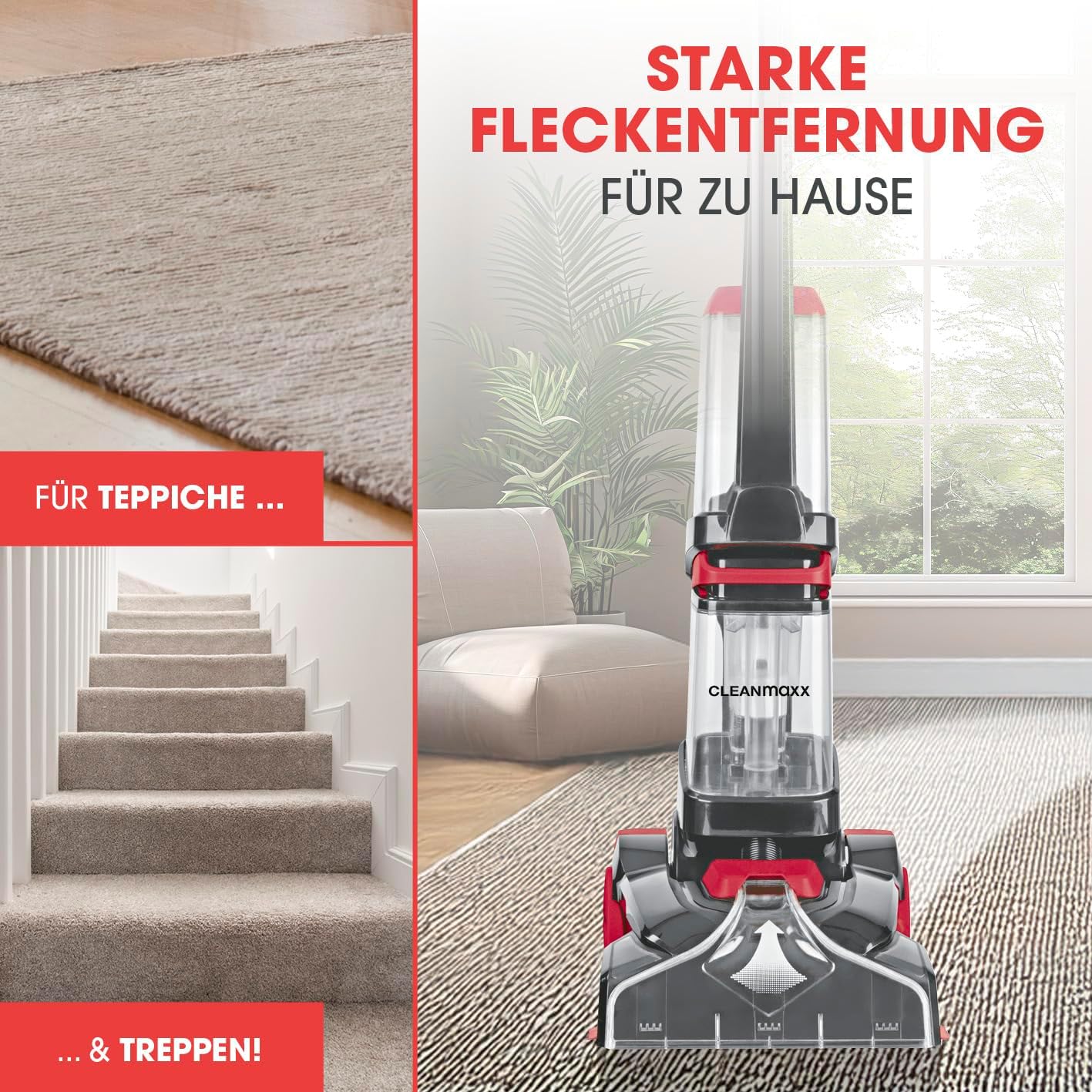 CLEANmaxx Teppichreiniger AquaStream | 3 in 1: waschen, reinigen, absaugen | Nasssauger mit Vibrationsbürsten & Seitenbürsten | Waschsauger, Trockensauger in 1 – für Sauberkeit auf fast jedem Teppich