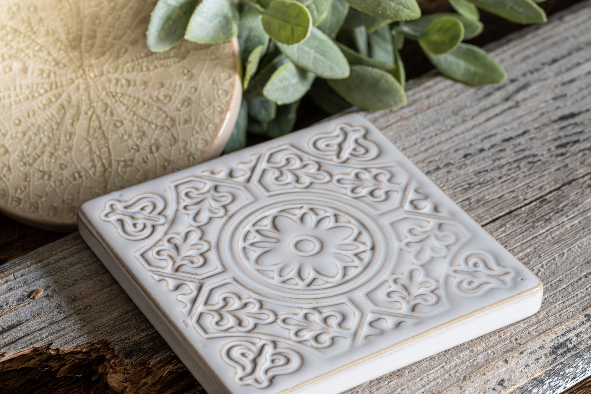 Steingutuntersetzer 'Ornament', beige, L 10,5 cm, B 10,5 cm, H 1 cm zu 5,00