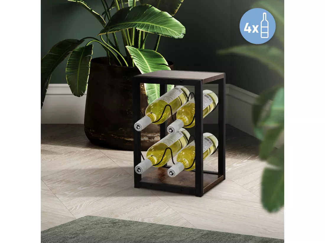 Casier à vin 4 bouteilles rangement porte-bouteille noir/aspect bois MDF/métal