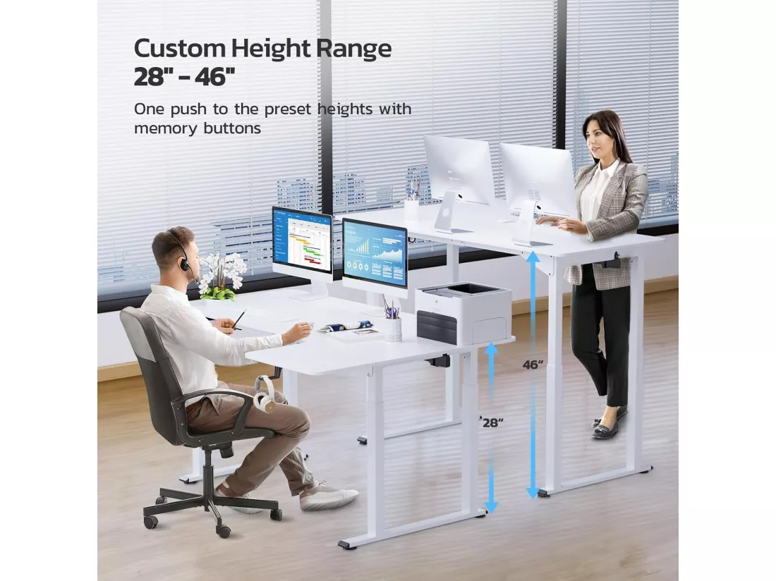 Bureau Assis Debout électrique réglable en hauteur,Bureau en L à 2 moteurs,Bureau d’angle,Panneau,Super stabilité,180x110x72-117cm,Moderne,Blanc