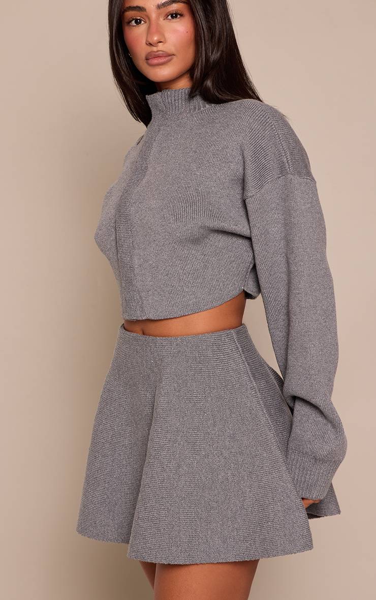 Gris Chiné Mini Jupe Fluide En Maille Côtelée Petite Taille