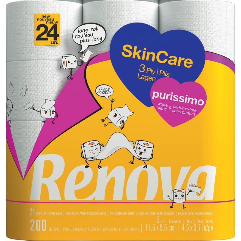Papier toilette triple épaisseur Renova Skin Care Purissimo- 24 rouleaux de 200 feuilles