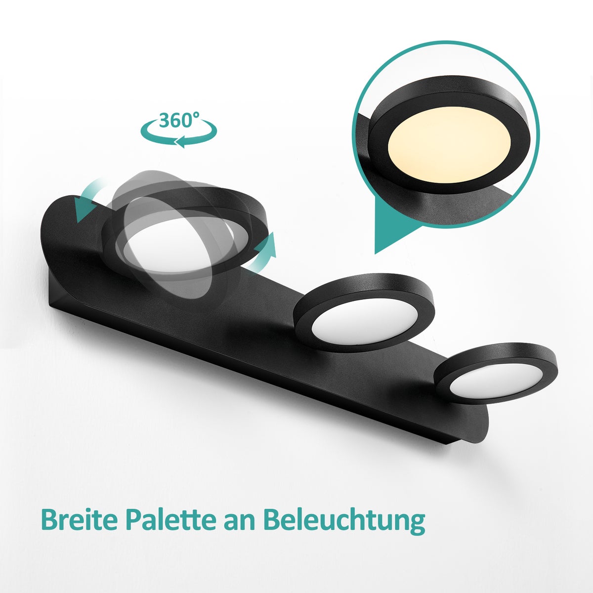 EMKE wandlamp met 3 lichtbronnen, 4000K neutraal licht, matzwart