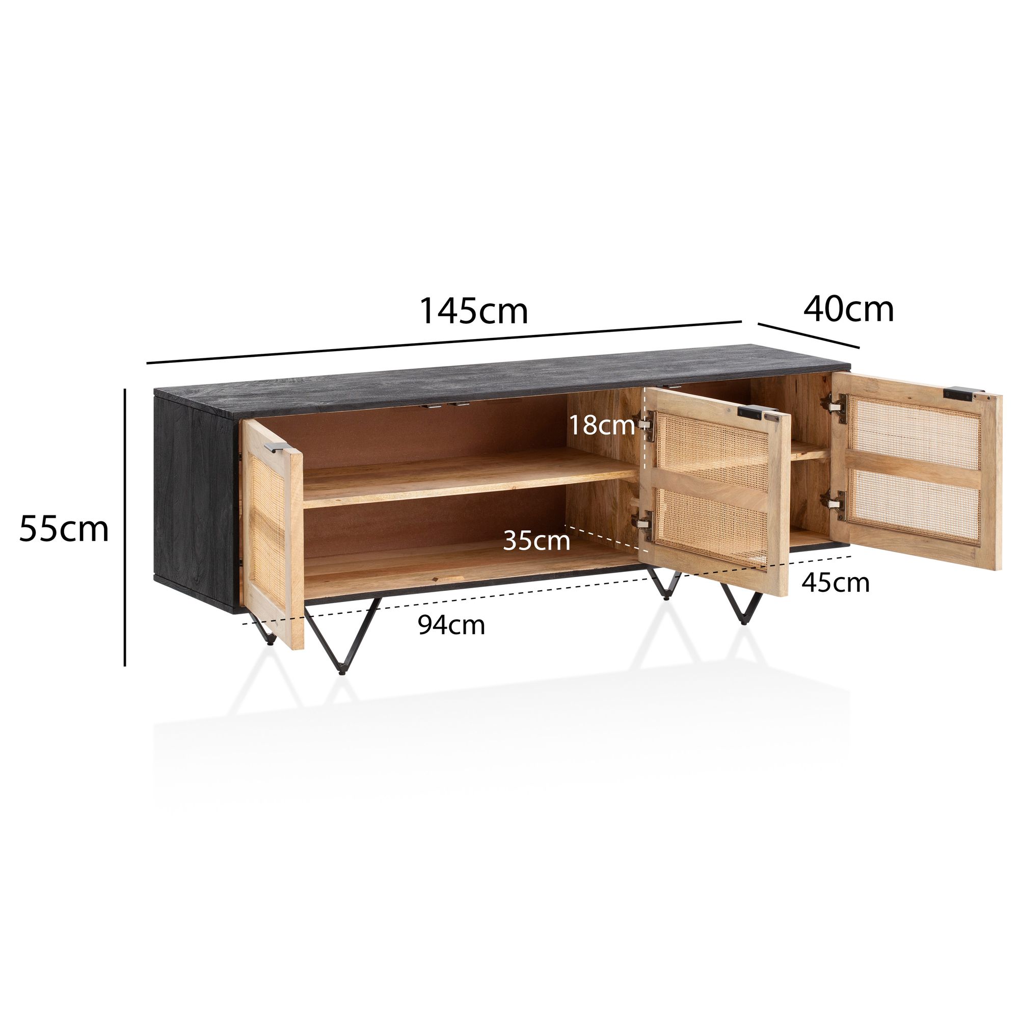 Lowboard FineBuy TV Schrank 145 cm Holz Massiv Schwarz Fernsehkommode Modern