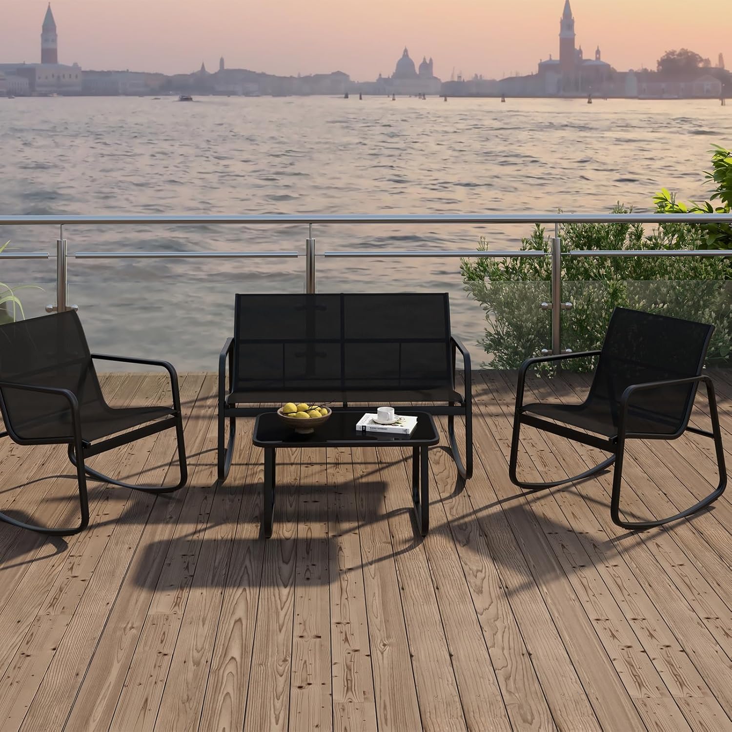 KOMFOTTEU 4 TLG. Gartenmöbel Set, Balkonset mit 2 Schaukelstühle, Sitzbank & Balkontisch, Garten Sitzgruppe aus Textilene-Stoff, Gartengarnitur Terrassemöbel für Garten (Schwarz)