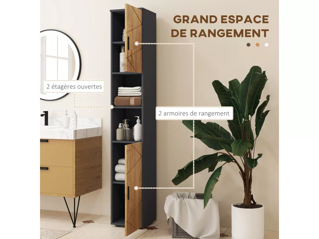 Meuble colonne rangement salle de bain style cosy 2 portes 2 étagères 2 niches anthracite aspect bois