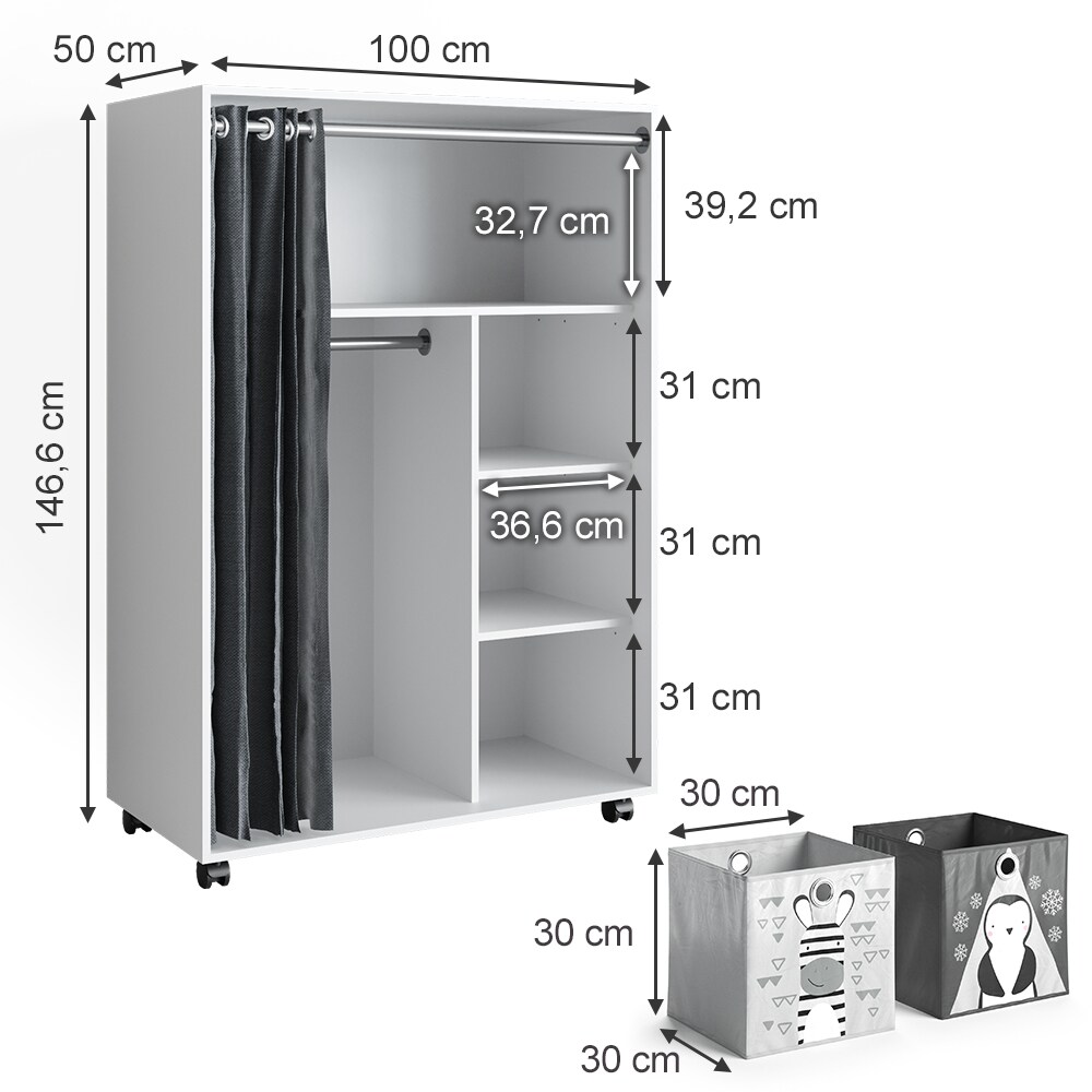 Vicco mobiler Kinderkleiderschrank Dielenschrank Garderobe Doros Weiß modern 100 x 147 cm Faltboxen offen rollbar