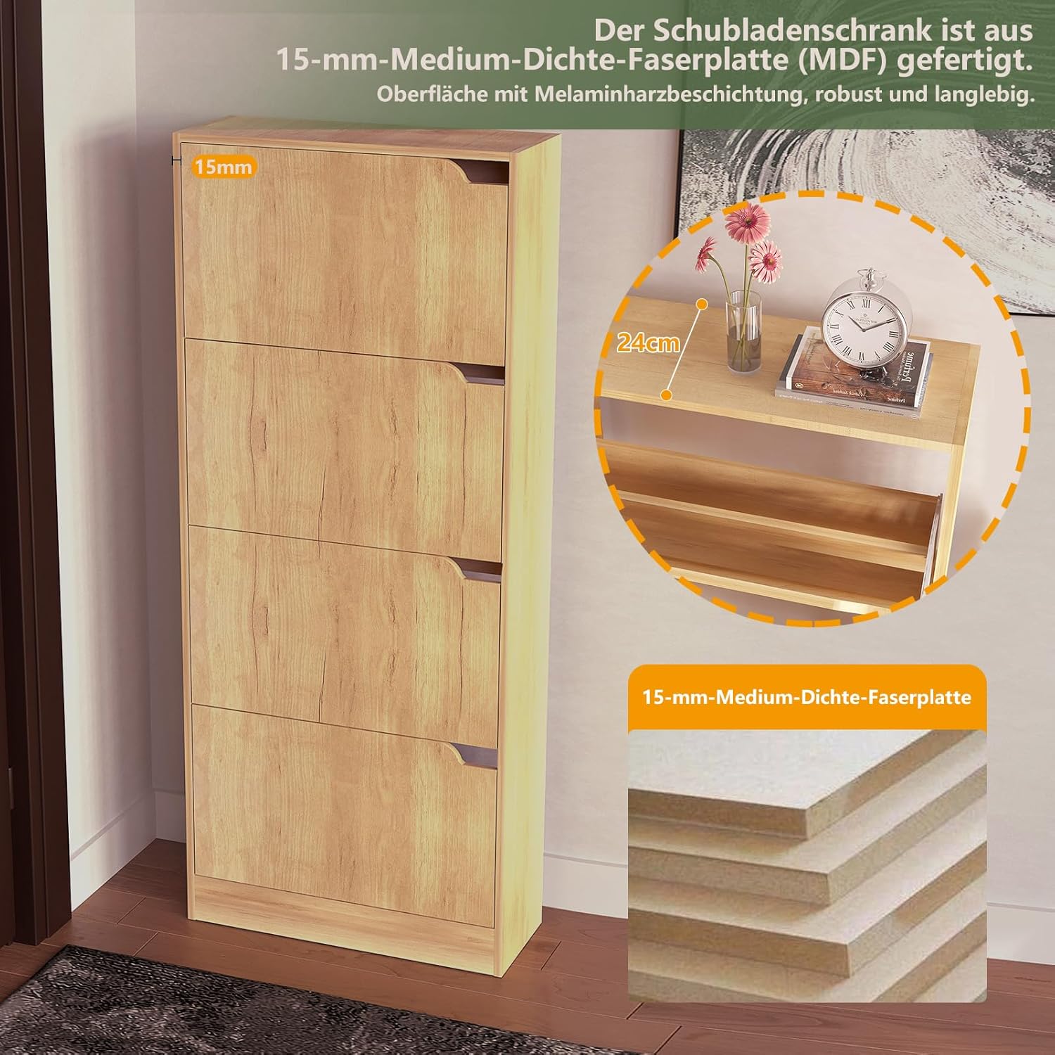 WAOHO Klappbare Schuhregale，Schuhschrank 4 Klappen ，Schuhaufbewahrung，Schuhregal，Schuhkipper, Schuhschränke，Kippsicherung,schuhkipper schmal 150×63×24cm