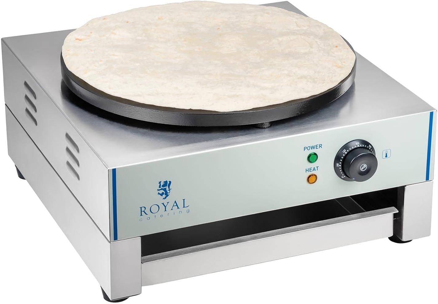 Royal Catering RCEC-3000-E Crepes Maker Crepeseisen (Ø 40 cm, 3.000 W, Gusseisen mit Emaillebeschichtung, Edelstahl, herausziehbares Fach + Teigverteiler)