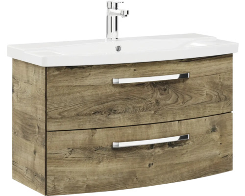 Badkamermeubelset Pelipal serie 4010, afmetingen (B x H x D): 84 x 200 x 45 cm, fronten in eikenhouten look, Ribbeck badkamermeubelset met 4 delen, inclusief witte keramische wastafel, keramische wastafelkast en spiegelkast met ledverlichting.