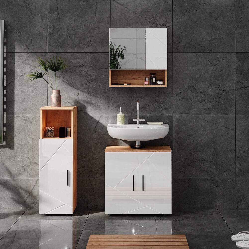 Vicco Badmöbelset Irma Eiche Weiß Hochglanz modern Badezimmerschrank Badschrank Badezimmermöbel Waschtischunterschrank Spiegelschrank Midischrank Schranktür Schrankfach