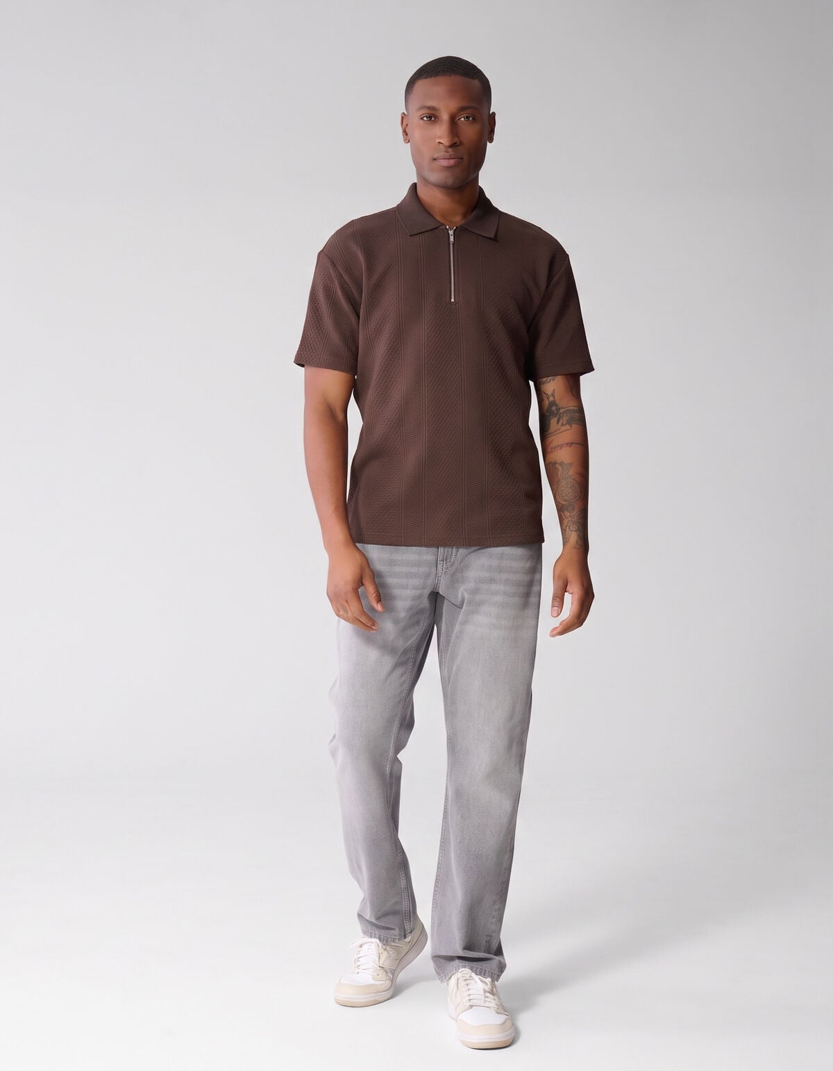 Stripe Structuur Zip Polo Donkerbruin