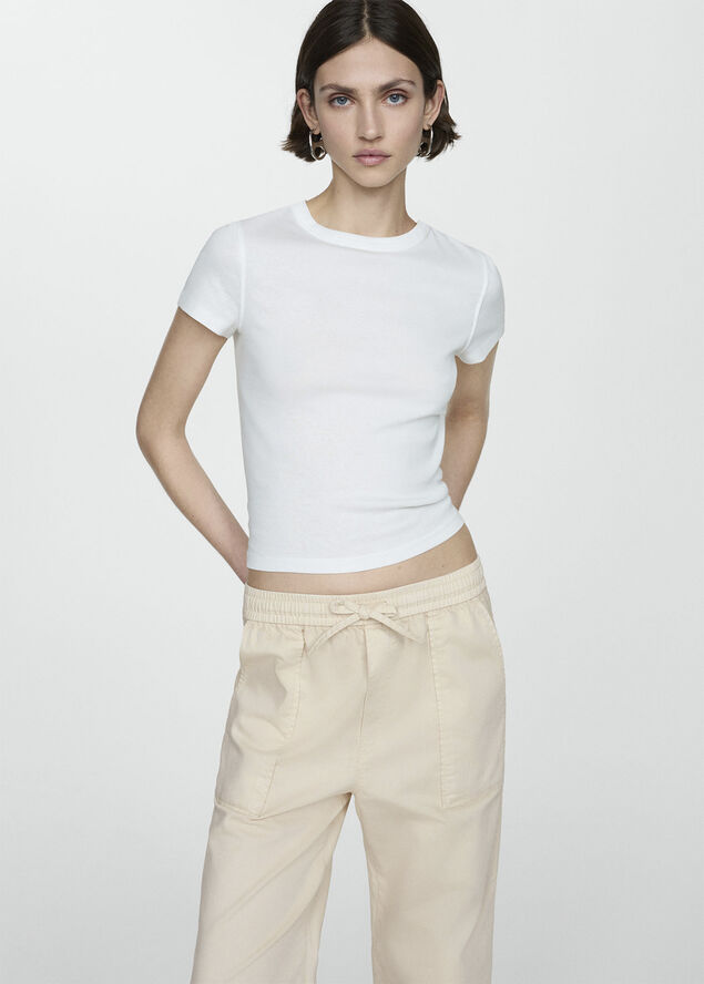MANGO Elastic waist cotton trousers Natural white