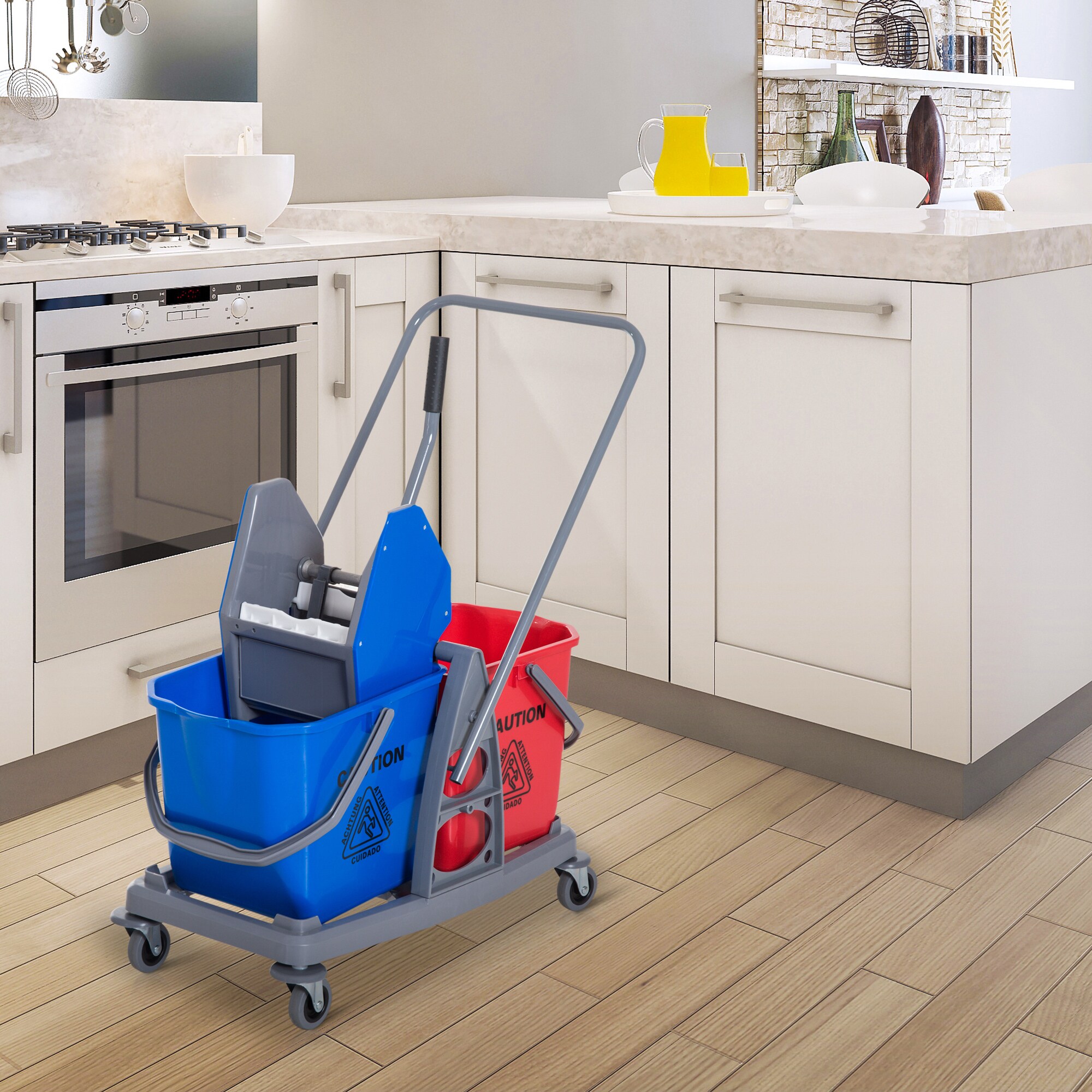HOMCOM Wischwagen mit 2 Eimern blau, rot 73 x 45 x 92 cm (LxBxH)