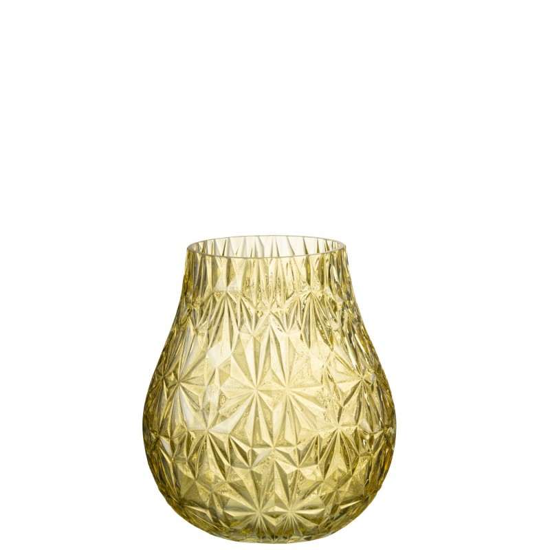 Vase tou photophore taillé en verre jaune 18x18x22cm
