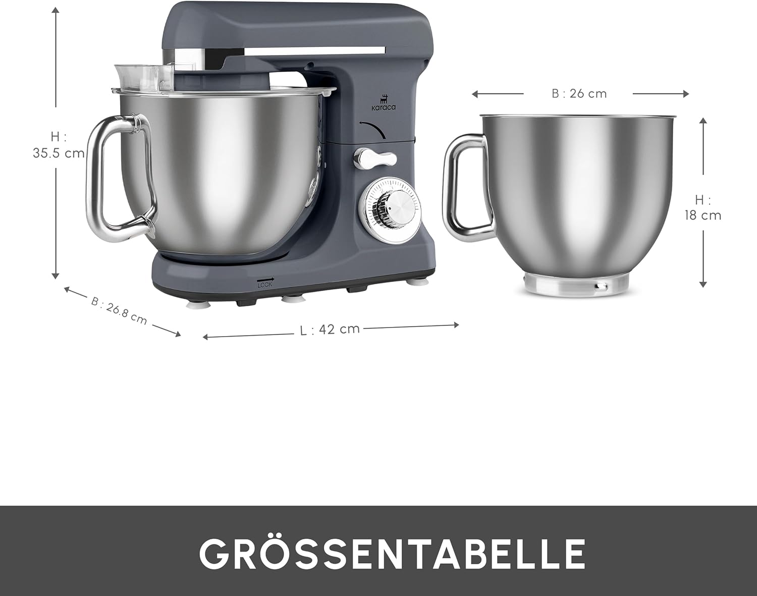 Karaca Blendburst Küchenmaschine, 6-stufige Geschwindigkeitsregelung, 5,7L Edelstahl-Schüssel, Doppelte Knethaken, Schneebesen, Flachrührer & Teighaken, Rutschfester Stand, Grau, 1400 W